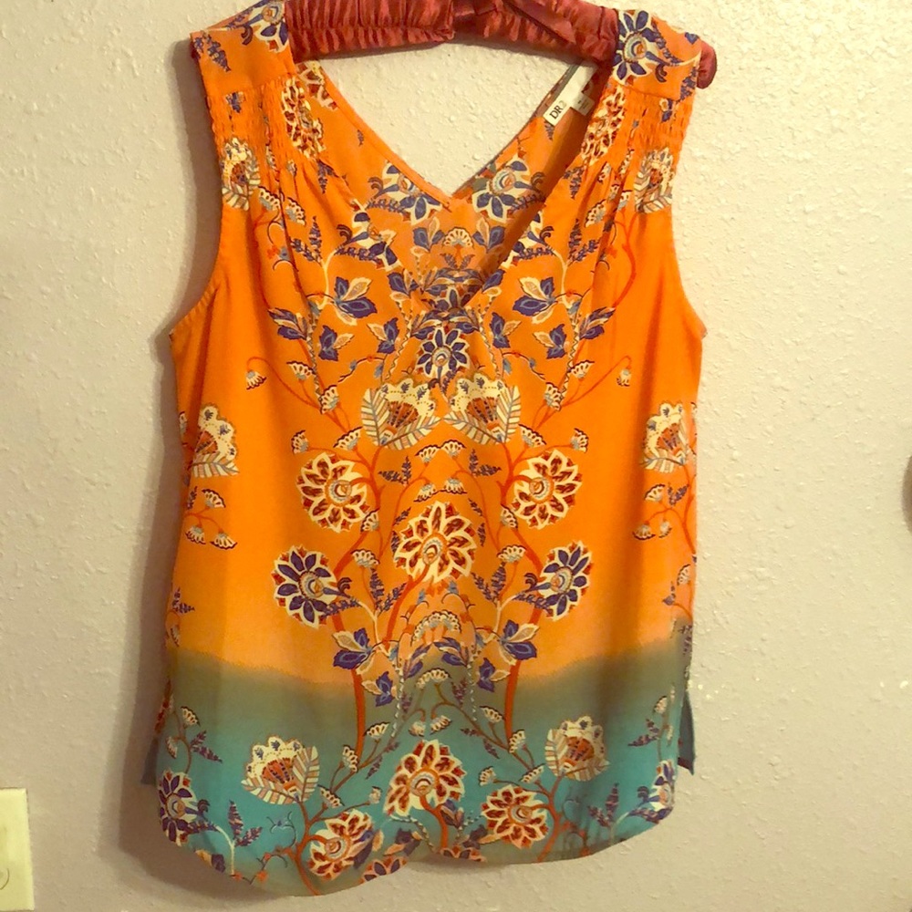 DR2 Orange Floral V-Neck Tank Top with Teal Ombre